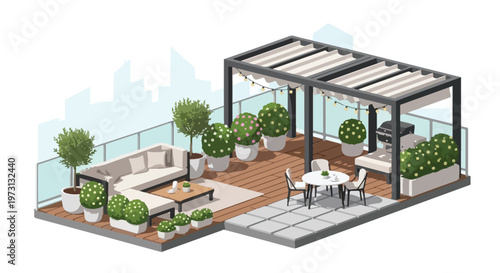 Modern urban rooftop oasis with L-shaped sofa, dining set, and grill under a pergola adorned with string lights, surrounded by lush greenery and