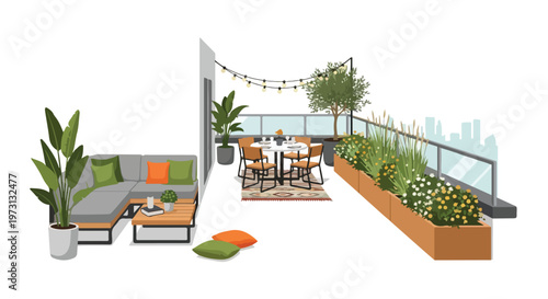 Chic rooftop apartment terrace oasis with modern lounge seating and dining area amidst urban skyline views