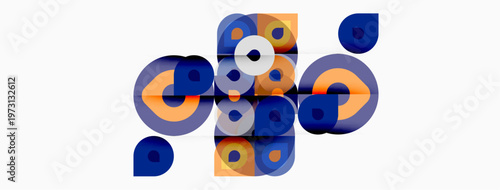 Abstract composition featuring overlapping circles, squares, varied hues. Modern design, geometric shapes create dynamic visual interest.