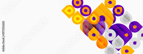 Abstract geometric shapes, purple, yellow hues. Overlapping circles, squares create dynamic composition. Modern design element.