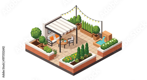 An isometric depiction of a beautifully designed rooftop garden oasis complete with seating, water feature, and lush greenery enhancing urban living