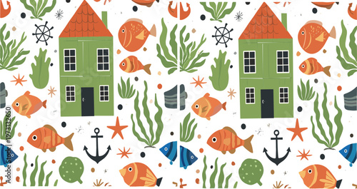 Seamless underwater house pattern vector with fish seaweed anchor nautical elements cartoon marine illustration isolated on white background