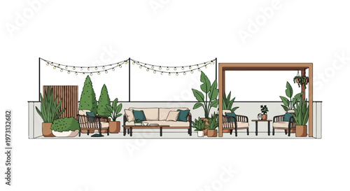 Inviting rooftop oasis featuring comfortable seating, lush greenery, and ambient string lights creating a perfect outdoor lounge space for