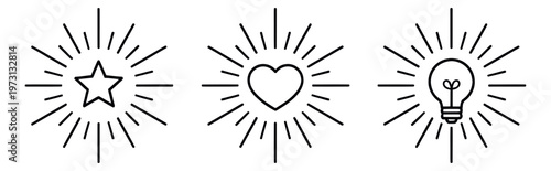 Simple line art icon set featuring a star, heart, and lightbulb with rays for concepts of success, love, and innovation