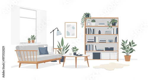 Contemporary Scandinavian-inspired living room interior with light wood furniture and abundant indoor plants creating a serene ambiance