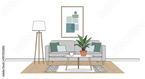 Minimalist living room illustration featuring a gray sofa, modern floor lamp, coffee table with plant and abstract art on the wall
