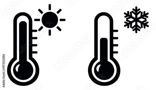 Simple glyph temperature icon set featuring hot and cold thermometers with sun and snowflake symbols for weather forecast and climate indication