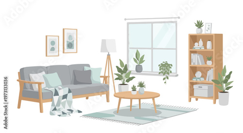 Serene minimalist living room interior illustration featuring a grey sofa, wooden furniture, plants, and a large window with natural light