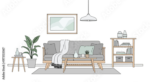 Minimalist Scandinavian living room interior with sofa, coffee table, bookshelf, and potted plant line art illustration