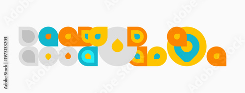 Colorful geometric shapes form playful text. Circles, squares, rectangles create abstract lettering. Bright hues dominate design.