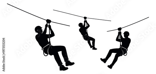 Silhouette graphic people set featuring individuals zip lining for adventure activities