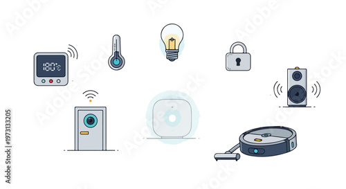 Collection of modern smart home devices and indicators, depicting automation and connected living