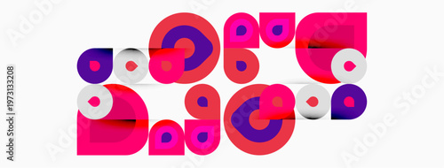 Abstract geometric shapes, vibrant pinks, purples. Overlapping circles, squares create playful composition. Modern design elements present.