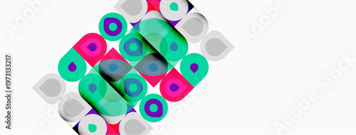 Colorful squares, circles overlap creating abstract pattern. Bright hues dominate white background. Geometric shapes present dynamic composition.