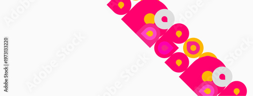 Abstract design features repeating pink shapes, yellow circles. Minimalist composition with white background, diagonal arrangement. Modern aesthetic.