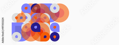Abstract composition featuring overlapping circles, orange and purple hues dominate design. Minimalist aesthetic, clean background.