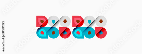 Colorful graphic design features repeating circular, square, teardrop shapes. Minimalist aesthetic, playful composition, bright hues present.