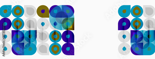 Abstract geometric pattern. Circles, squares, rectangles overlap creating colorful design. Minimalist aesthetic, modern style.