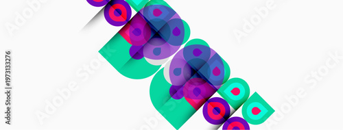 Abstract geometric shapes, vibrant colors, overlapping layers create dynamic visual composition. Turquoise, purple dominate design.