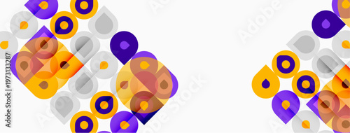 Abstract geometric pattern. Circles, squares overlap creating vibrant visual texture. Yellow, purple, gray dominate composition. Modern design element.
