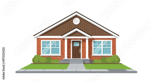 Charming brick bungalow with a welcoming porch and manicured lawn in a suburban setting illustration