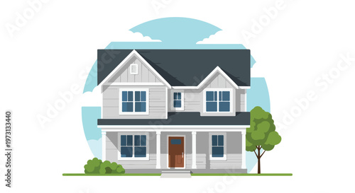 Charming two-story suburban dwelling with classic pitched roof and inviting front porch, set against a stylized sky backdrop