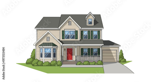 Charming two-story suburban residence with a welcoming red door and lush green landscaping, perfect for real estate marketing and architectural