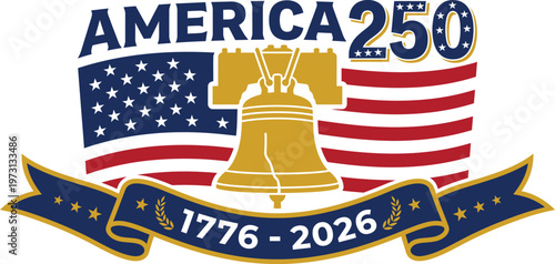 America 250 logo with liberty bell and american flag on white background