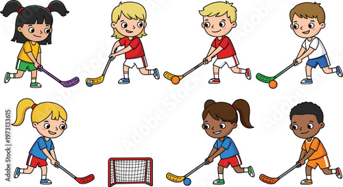 Kids playing floor hockey, colorful cartoon children with hockey sticks, fun sport activity illustration, diverse young athletes, team game, energetic movement, vector design