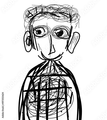 Minimalist Blue Ink Hand Drawn Sketch of an Expressive Face with Large Ears and Spiky Hair