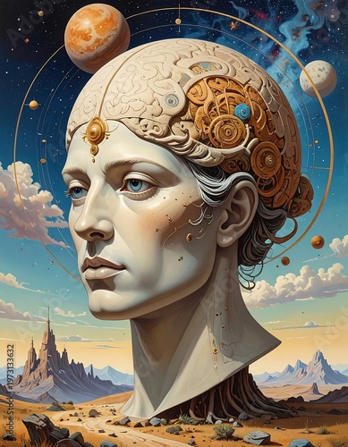 Surreal depiction of a serene humanoid head with celestial gears overlaid, planets floating above, and a landscape beneath