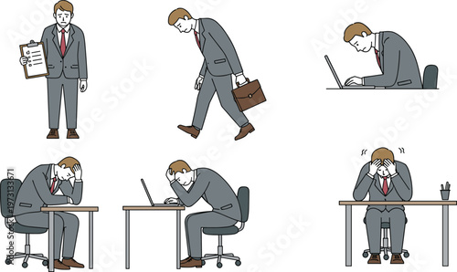 PBusinessman in corporate stress, holding clipboard, walking with briefcase, working on laptop, feeling frustrated, sitting at desk, emotional exhaustion, office stress, professional burnout