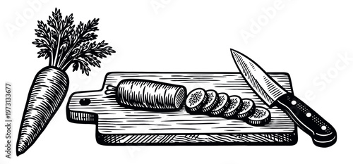 Hand drawn line art cooking set featuring a carrot, sliced pieces, a cutting board, and a knife for food preparation design