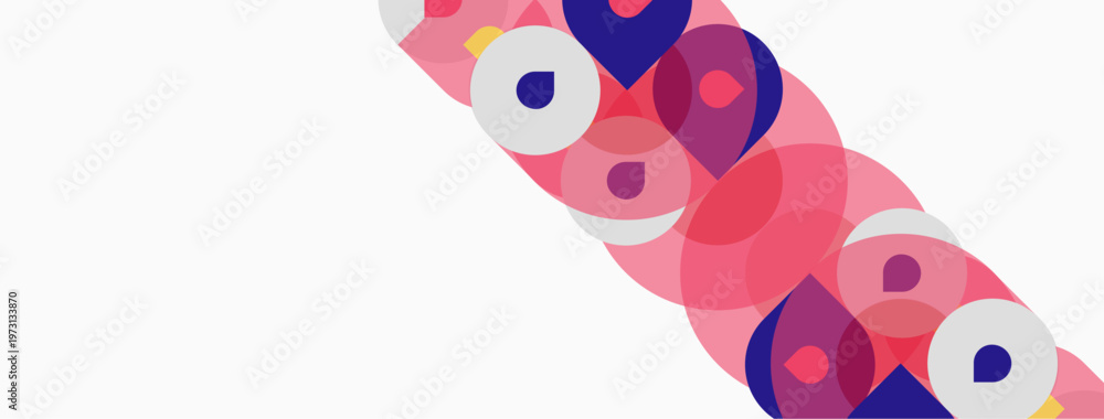 Fototapeta premium Abstract composition featuring overlapping circles. Pink, purple hues dominate design. Minimalist aesthetic, clean lines present. Modern visual element.