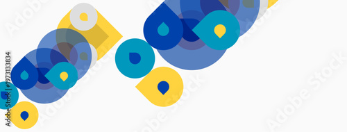 Abstract composition featuring overlapping circles, varying sizes, blue, turquoise, yellow hues. Minimalist design, clean aesthetic, modern style.