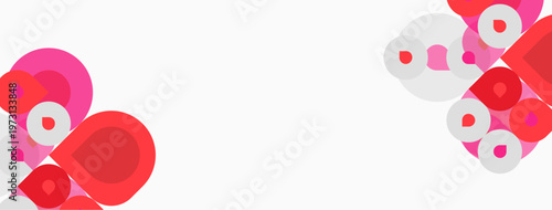 Abstract shapes, pinks, reds, whites dominate composition. Minimalist design, clean aesthetic, modern feel. Simple geometry creates visual interest.