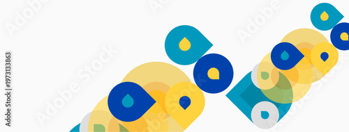 Abstract colorful circles, dots, shapes form diagonal pattern. Minimalist design, bright hues, simple geometry. Clean aesthetic.