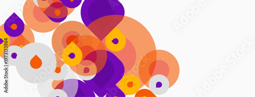 Abstract circles overlap, creating vibrant orange, purple, white shapes. Modern design, simple background, dynamic composition.