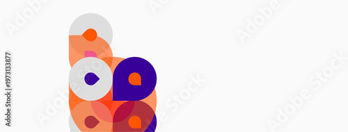 Abstract colorful circles overlap, creating dynamic composition. Minimalist design with purple, orange hues on white background.