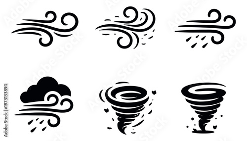 Hand drawn weather elements set featuring wind gusts, swirling air, tornadoes, and rain for design