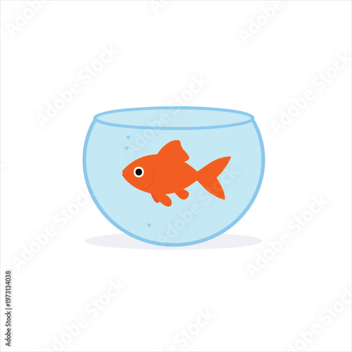 vector  Single Orange Goldfish Swimming in a Round Glass Bowl