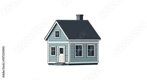 Charming Pastel Blue Gable Roof House with Dark Shingles and Chimney on White Background