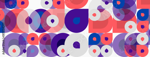 Abstract pattern features overlapping circles. Colors include purple, blue, pink, coral. Design appears geometric, modern, repetitive.