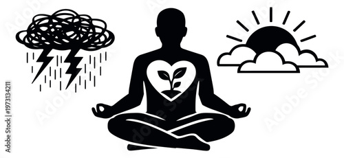 Clip art emotional state set featuring a meditating person with a plant in their heart, a storm cloud, and a rising sun for mental health awareness