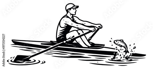 Line art illustration of a rower depicting him sculling on water with a jumping fish for water sports