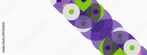 Abstract composition featuring overlapping circles. Purple, green hues dominate white background. Simple geometric shapes create visual interest.