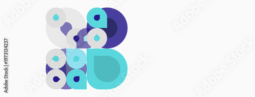 Abstract circles overlap, creating dynamic composition. Various shades purple, blue, white present. Minimalist design, modern aesthetic.