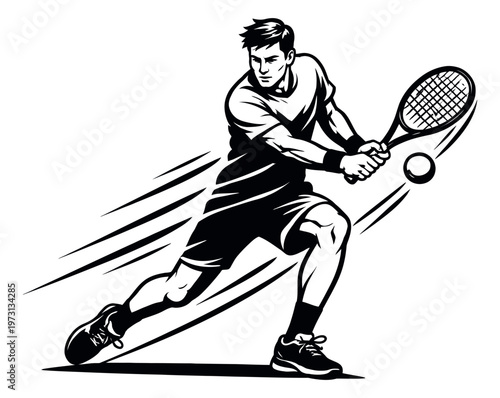 Stylized graphic illustration of a male tennis player depicting a dynamic forehand shot for sports design