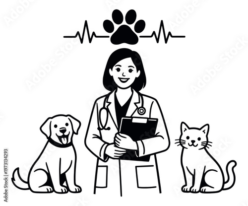 Hand drawn line art veterinary set featuring a female veterinarian, a dog, a cat, a paw print and a heartbeat for pet care and animal health