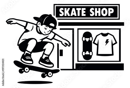 Monochrome line art illustration of a skater boy depicting a jump outside a skate shop for youth sport branding